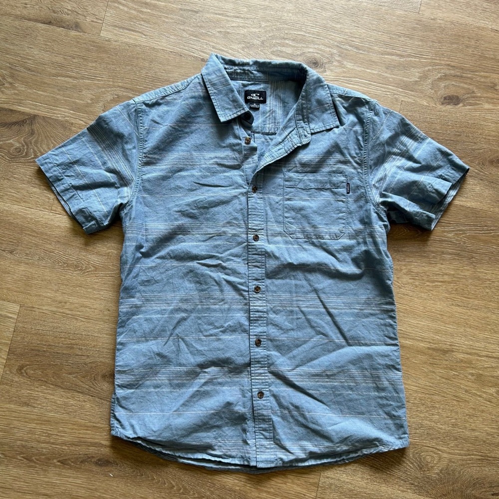 O'Neill Mens Blue Herringbone Striped Short Sleeve Button Up Shirt Medium
